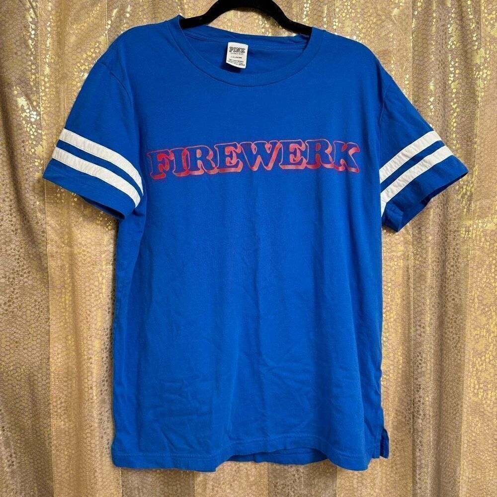 PINK Victorias Secret Red White Blue 4th of July Firewerk Campus T Shirt Large